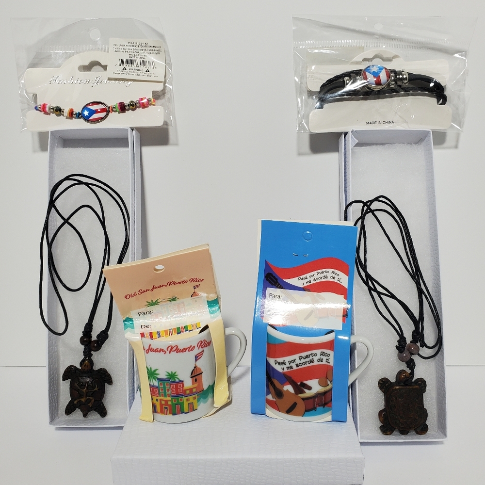 Puerto Rico Themed Souvenirs, 2 oz Cups, Necklaces & Bracelets in gift boxes